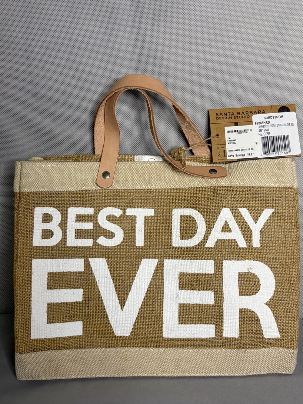 Santa Barbara 'Best Day Ever' Natural Jute Tote with Tan Handles
